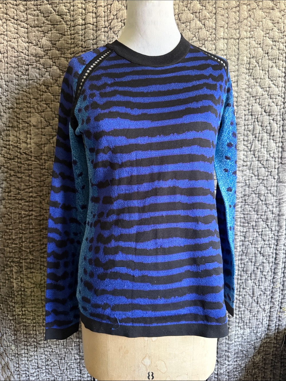 Blue and Black Striped Crewneck Sweater 100%silk